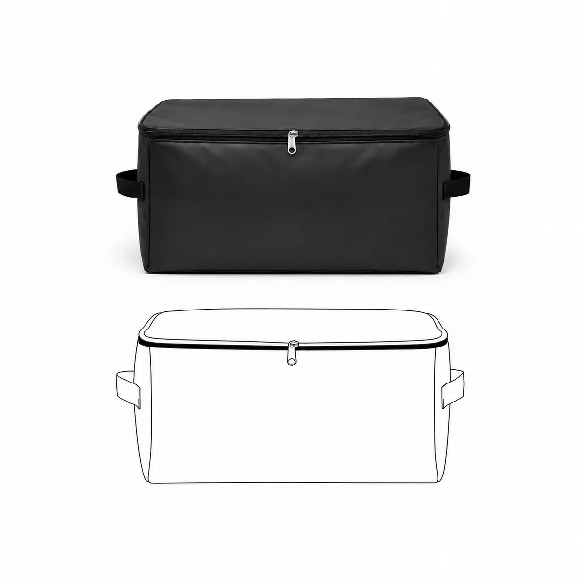 A black rectangular zippered storage bag shown from the front, with a second simplified line drawing of the same bag below it on a light gray background. - view 5
