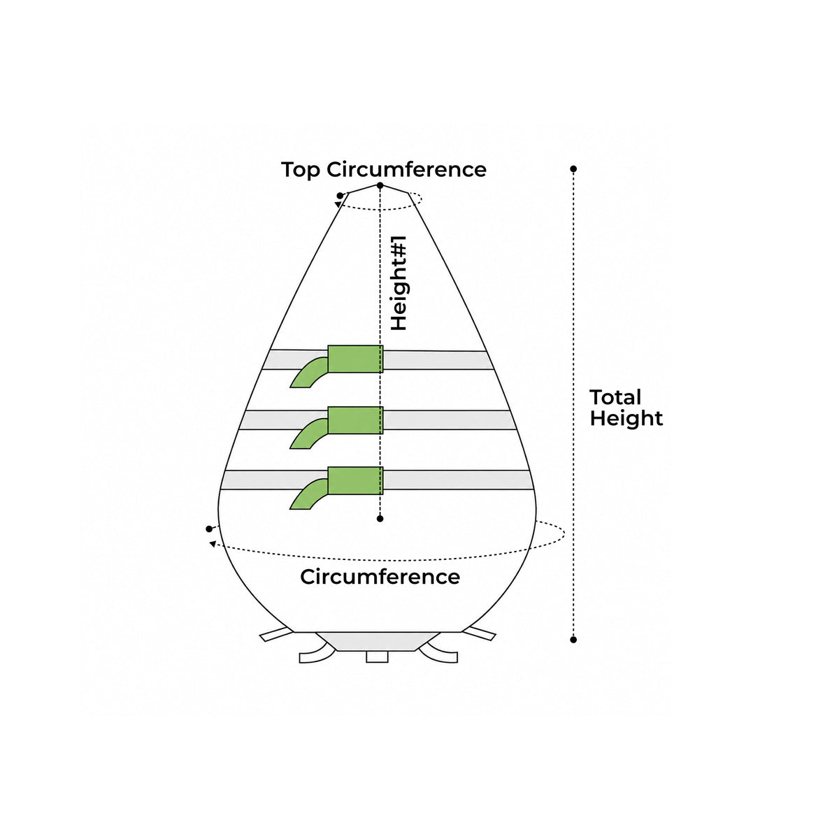 A simple line drawing on a white background showing a teardrop-shaped product with labeled dimensions: Top Circumference, Circumference, Height, and Total Height. The drawing includes three small green side tabs and appears to be a schematic or measurement reference rather than a standard product photo. - view 6