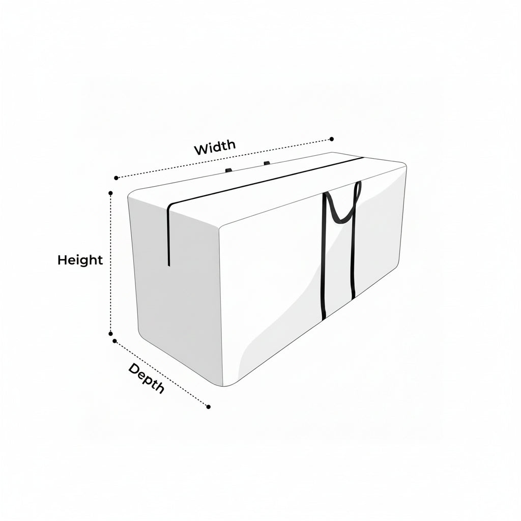A simple line drawing of a rectangular storage box or bag with dotted measurement arrows labeled Width, Height, and Depth on a white background. - view 6
