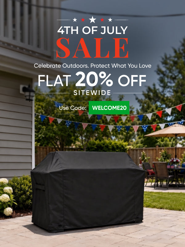 Black grill cover on paver patio with red, white and blue bunting; 4th of July sale, flat 20% off with code WELCOME20.