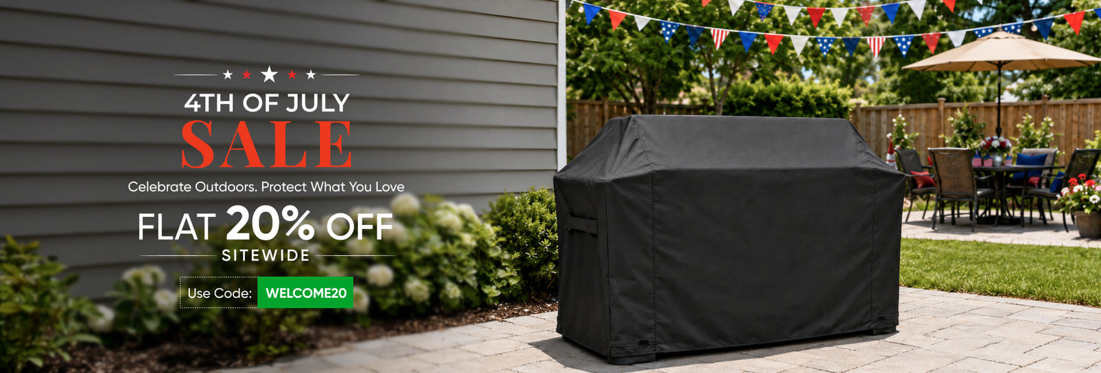 Black grill cover on patio with patriotic bunting and umbrella dining set; 4th of July sale, flat 20% off sitewide.